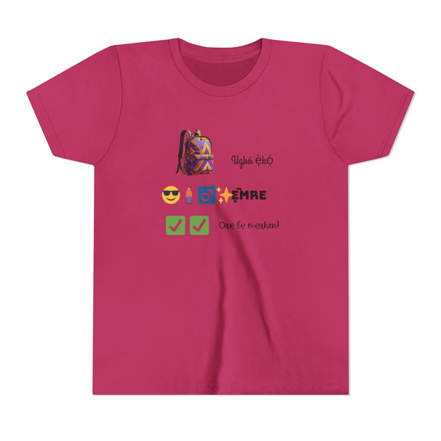 Ugbó ẹ̀kọ́? Ọrẹ. Ẹ̀mre? Ọrẹ lẹ mẹrhen! (School ride? Friend. You’re awesome? Friend, you’re set!) – Urhobo Back-to-School Tee for Kids